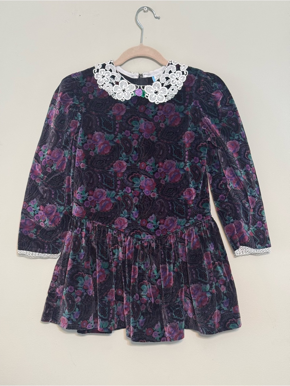 Vintage Purple Floral Velvet Gilt Dress with Lace Collar Sz 5T